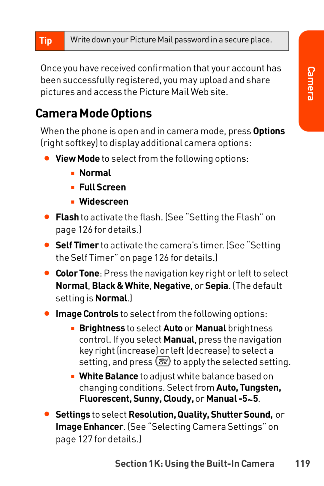 LG Electronics Phone manual Camera Mode Options,  Normal  Full Screen  Widescreen, 119 