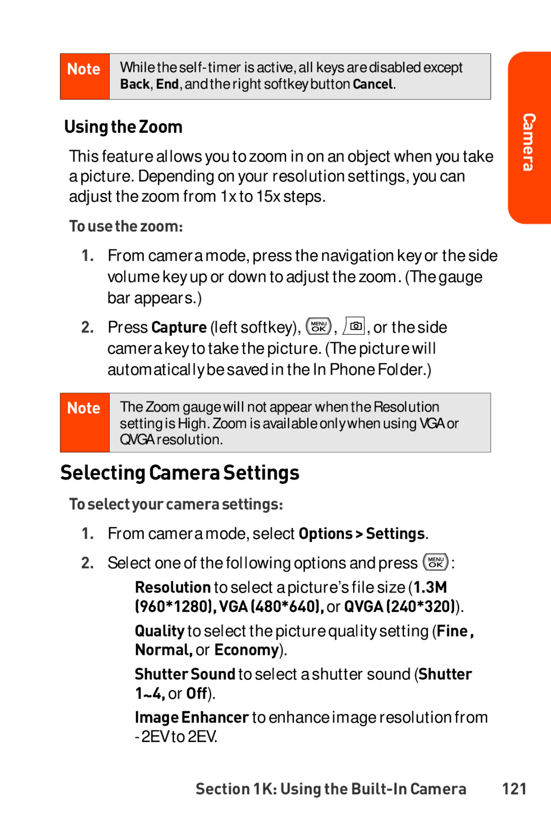 LG Electronics Phone manual Selecting Camera Settings, UsingtheZoom, Tousethezoom, Toselectyourcamerasettings, 121 