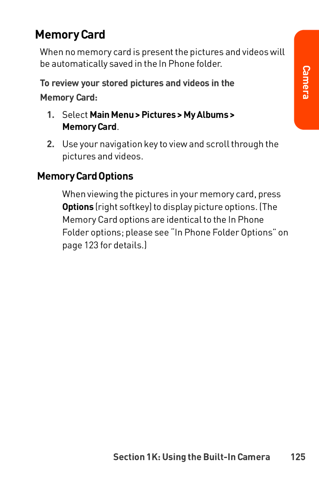 LG Electronics Phone manual MemoryCardOptions, To review your stored pictures and videos Memory Card, 125 