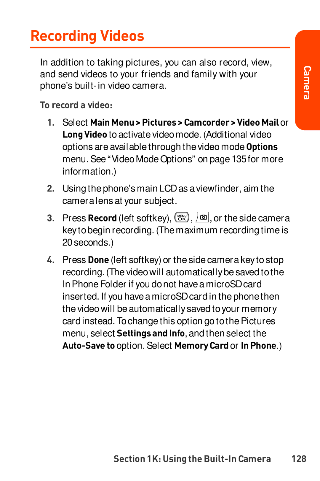 LG Electronics Phone manual Recording Videos, To record a video, 128 