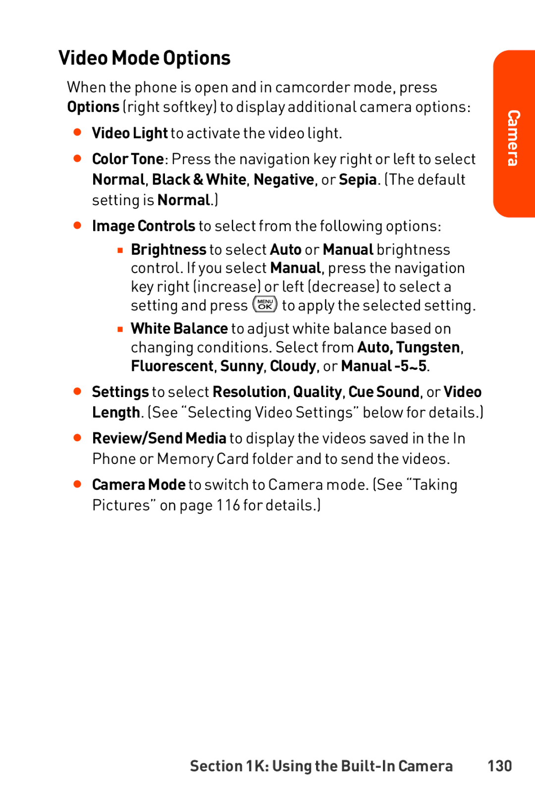 LG Electronics Phone manual Video Mode Options, 130 