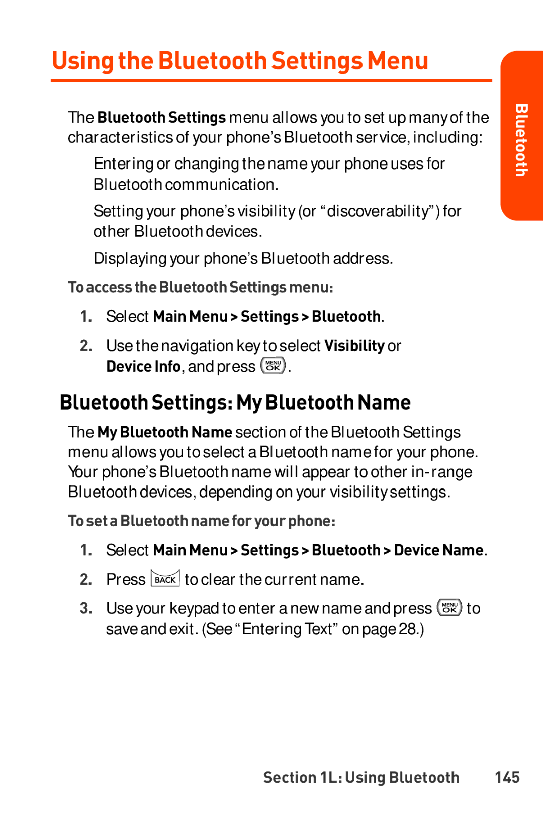 LG Electronics Phone manual Using the Bluetooth SettingsMenu, Bluetooth Settings My Bluetooth Name, Using Bluetooth 145 