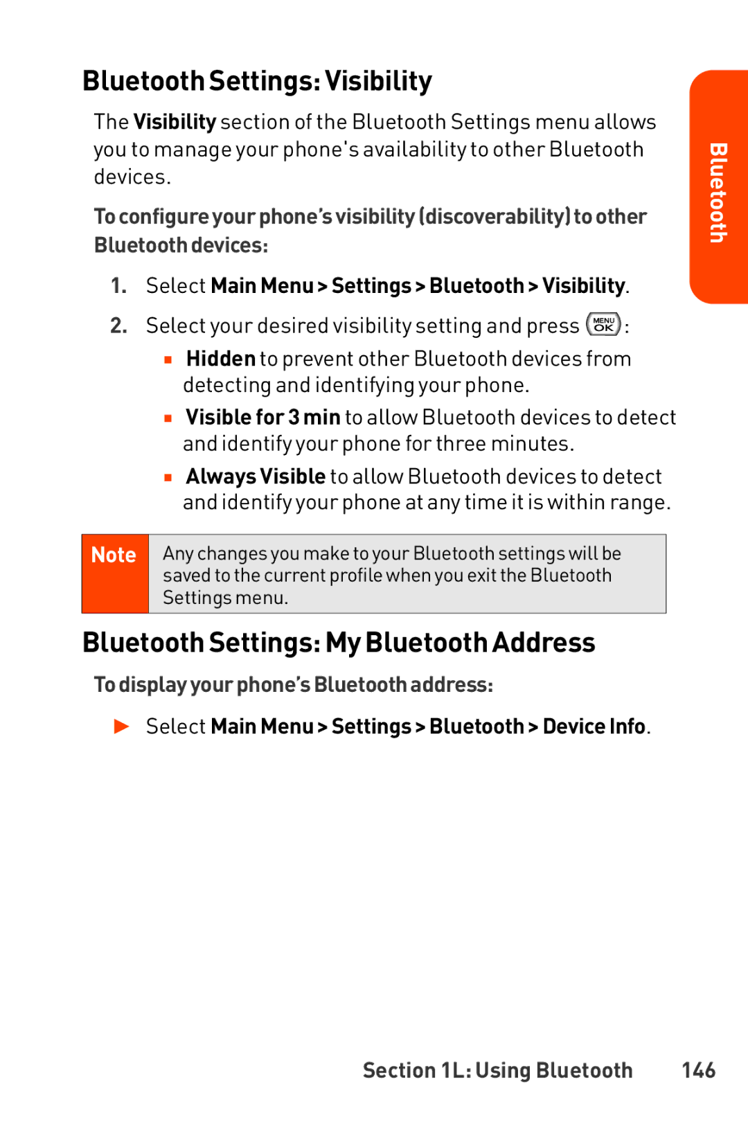 LG Electronics Phone manual Bluetooth Settings Visibility, Bluetooth Settings My Bluetooth Address, Using Bluetooth 146 