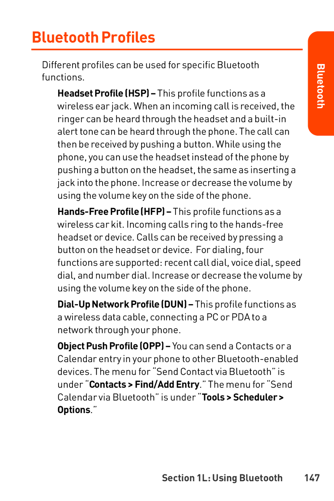 LG Electronics Phone manual Bluetooth Profiles, Using Bluetooth 147 