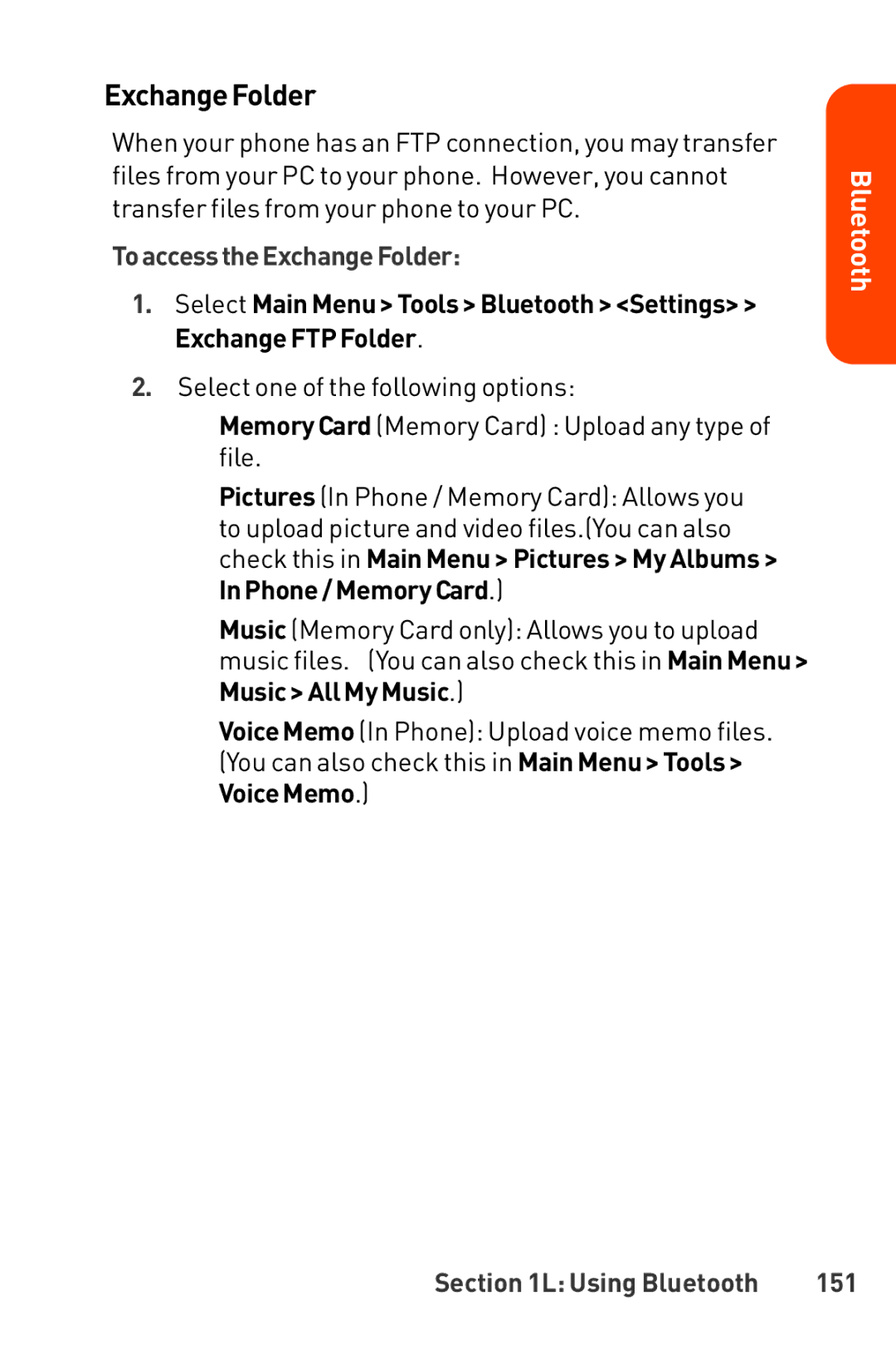 LG Electronics Phone manual ToaccesstheExchangeFolder, Using Bluetooth 151 