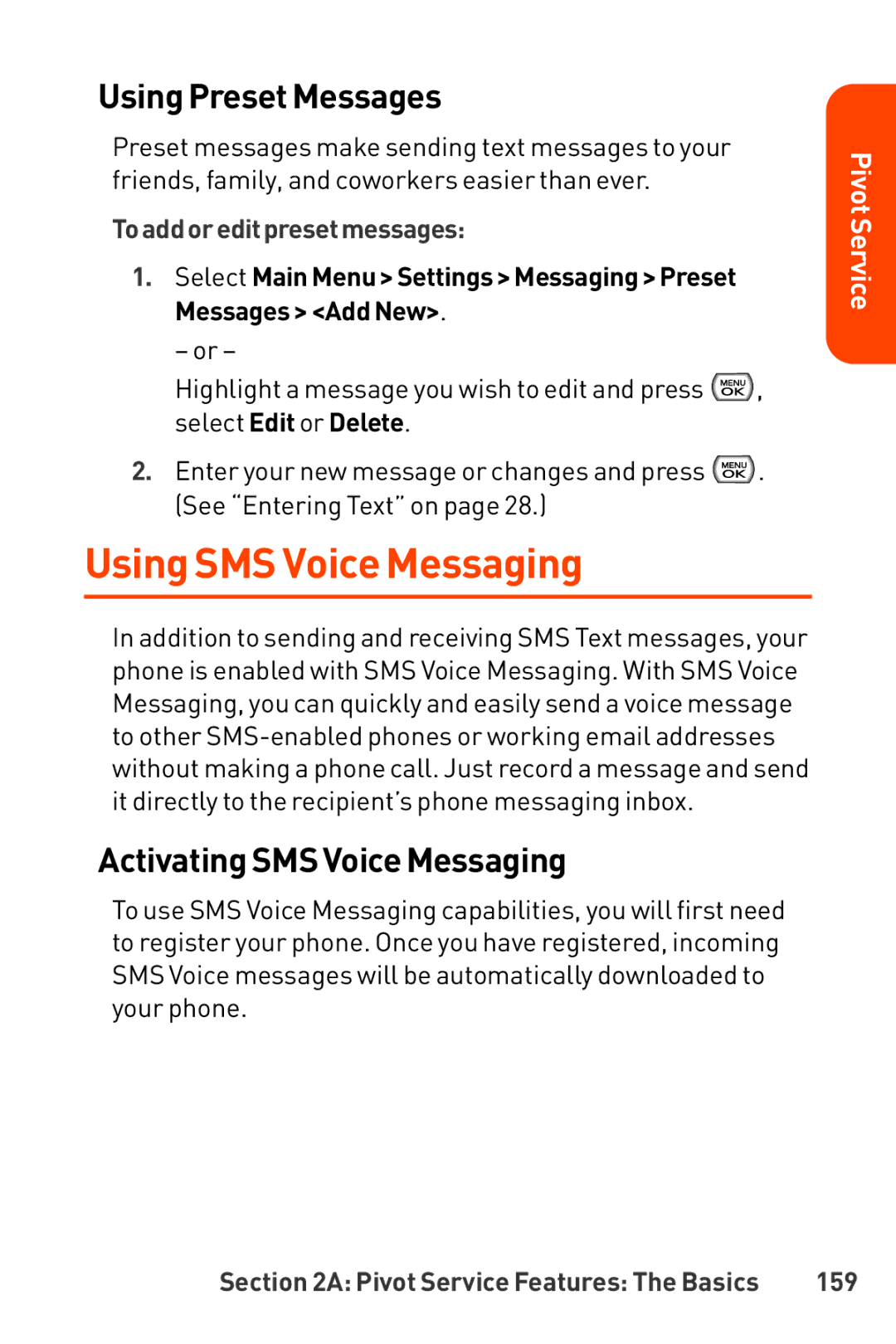 LG Electronics Phone manual Using SMS Voice Messaging, Using Preset Messages, ActivatingSMS Voice Messaging, 159 