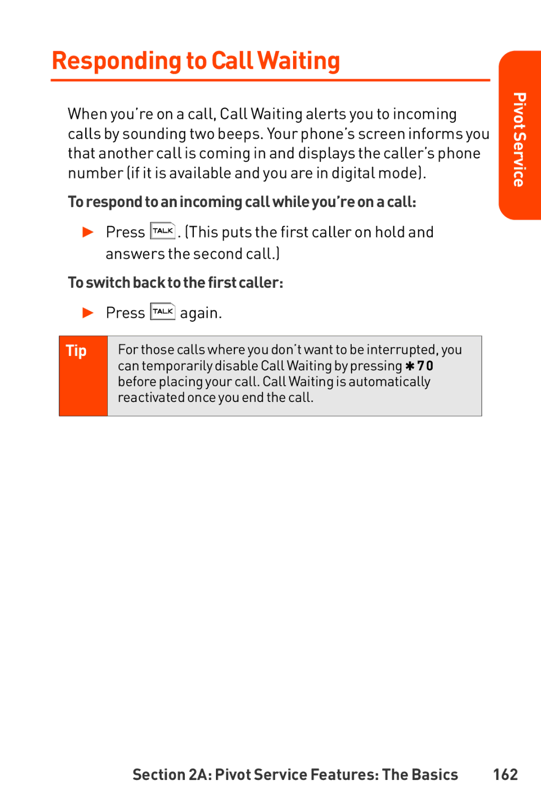 LG Electronics Phone Responding to Call Waiting, Torespondtoanincomingcallwhileyou’reonacall, Toswitchbacktothefirstcaller 