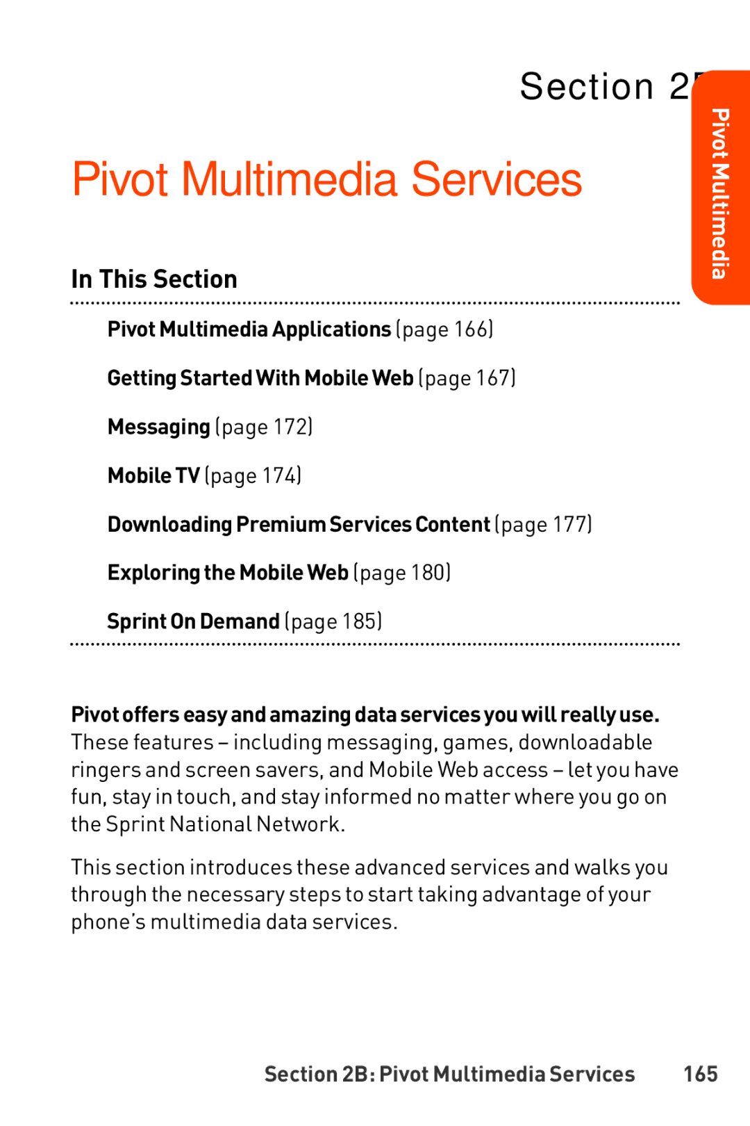 LG Electronics Phone manual Pivot Multimedia Services, 165 