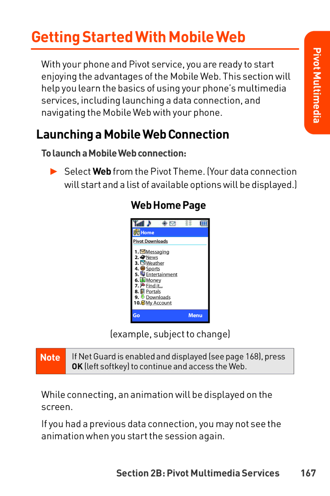 LG Electronics Phone manual Getting Started With Mobile Web, Launchinga Mobile Web Connection, WebHomePage, 167 