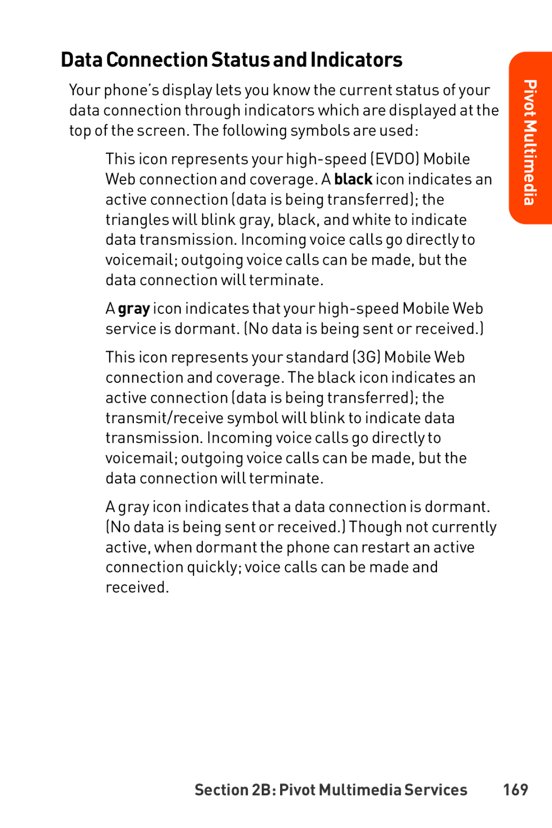 LG Electronics Phone manual DataConnection Status and Indicators, 169 