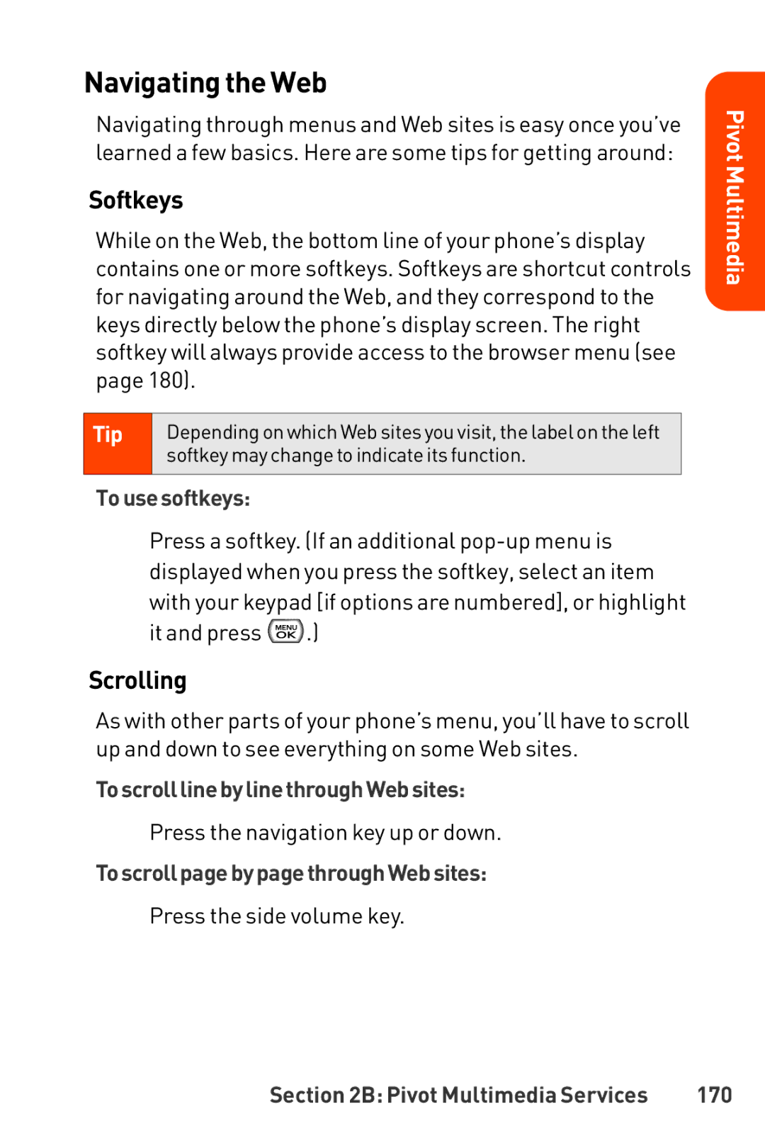 LG Electronics Phone manual Navigatingthe Web, Softkeys, Scrolling 