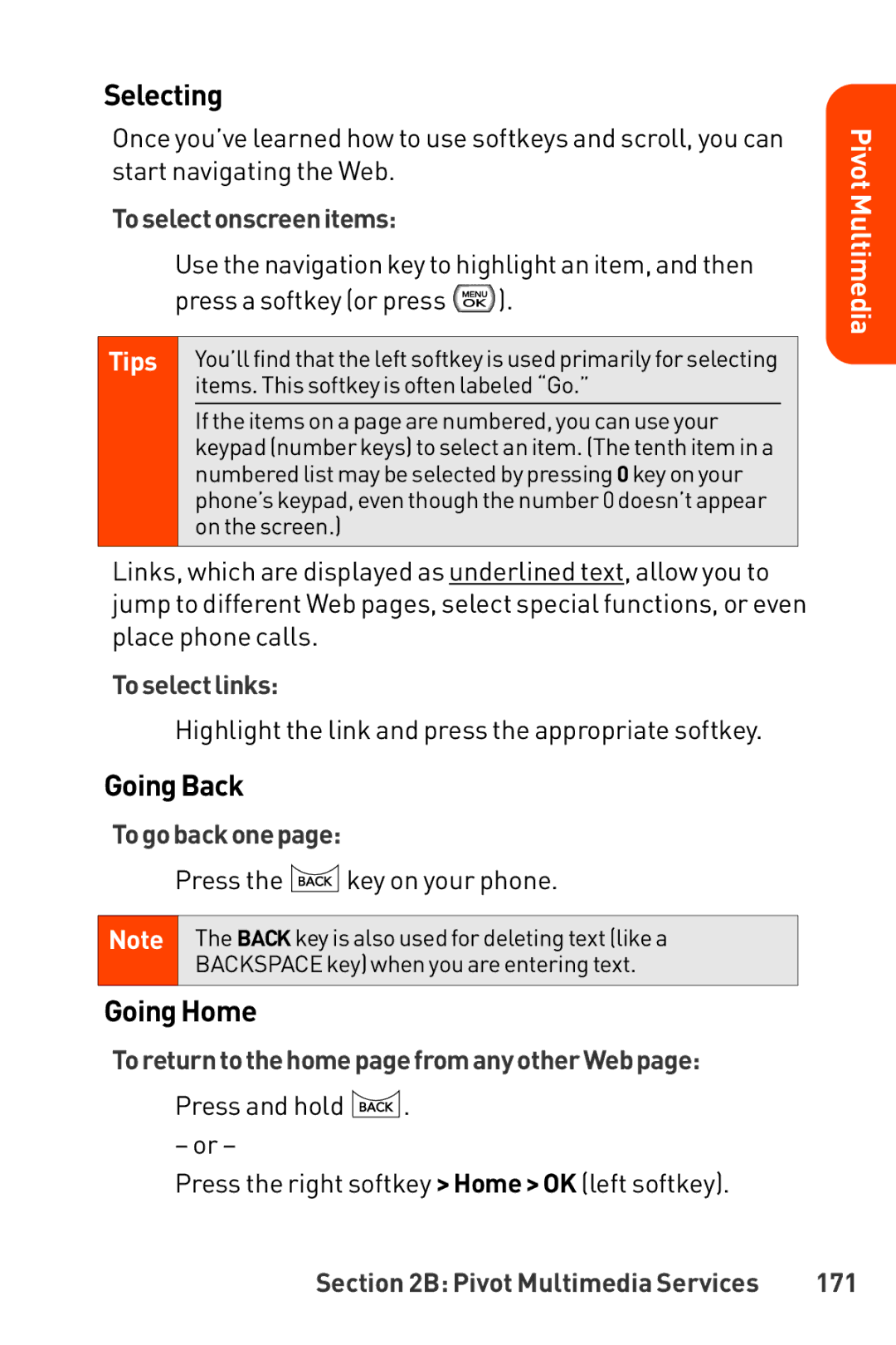 LG Electronics Phone manual Selecting, GoingBack, GoingHome 