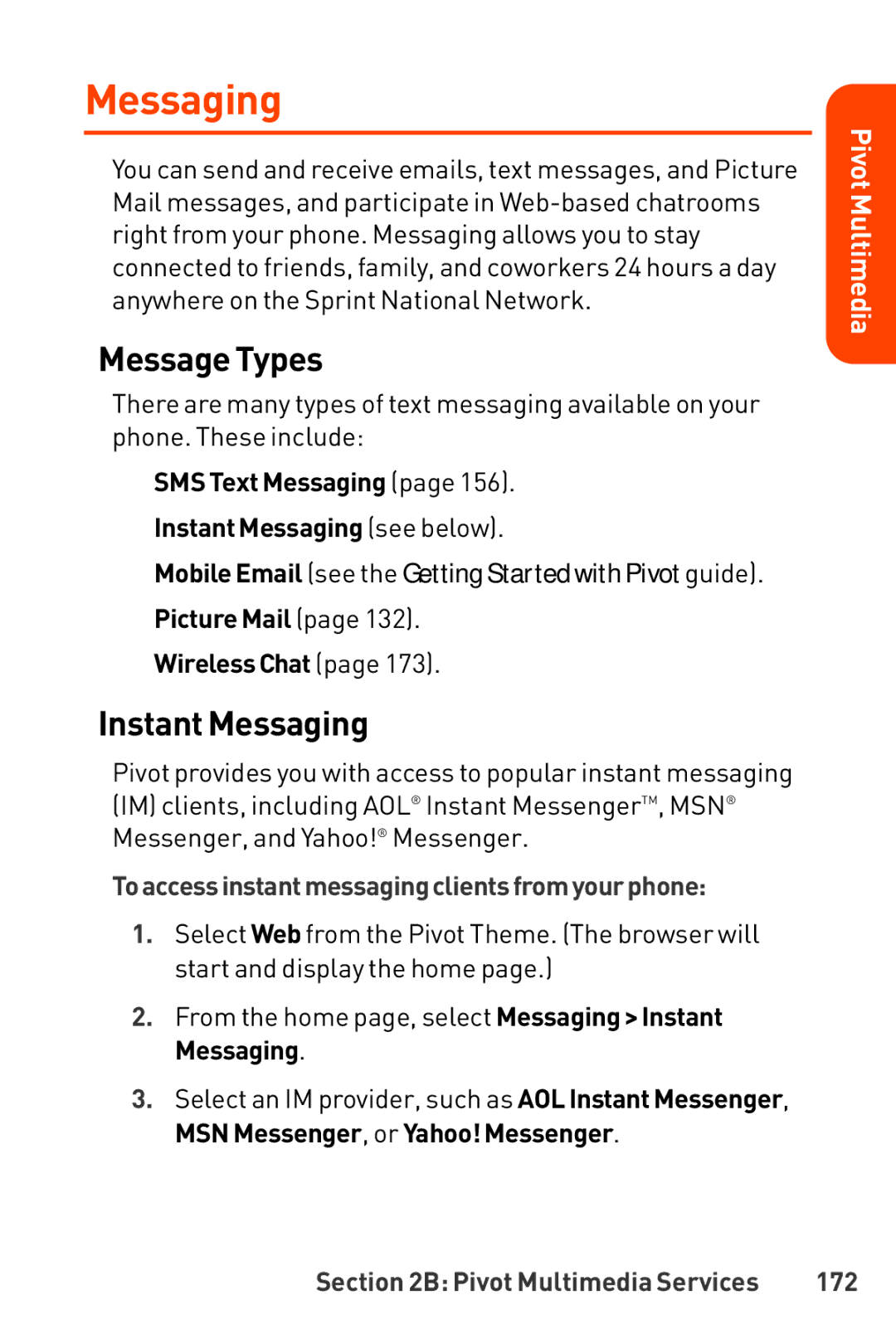 LG Electronics Phone manual Message Types, Instant Messaging, Toaccessinstantmessaging clientsfromyourphone, 172 