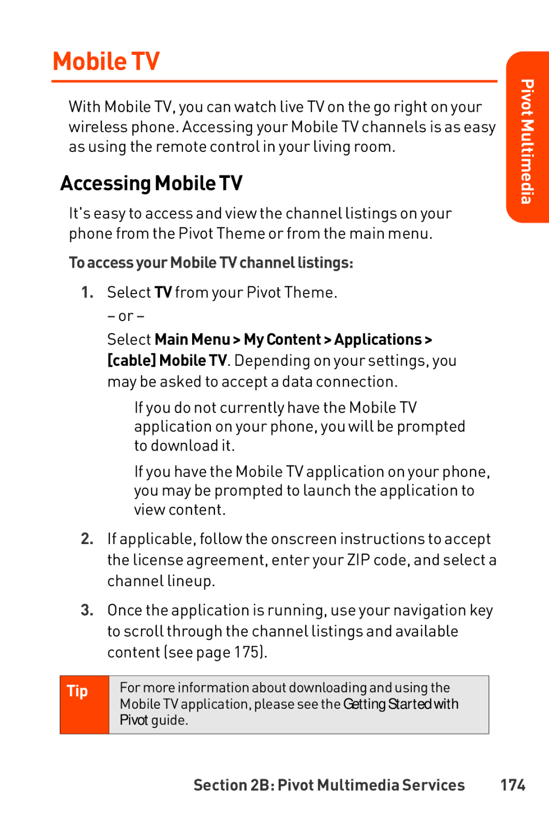 LG Electronics Phone manual Accessing Mobile TV, Toaccessyour MobileTVchannellistings, 174 