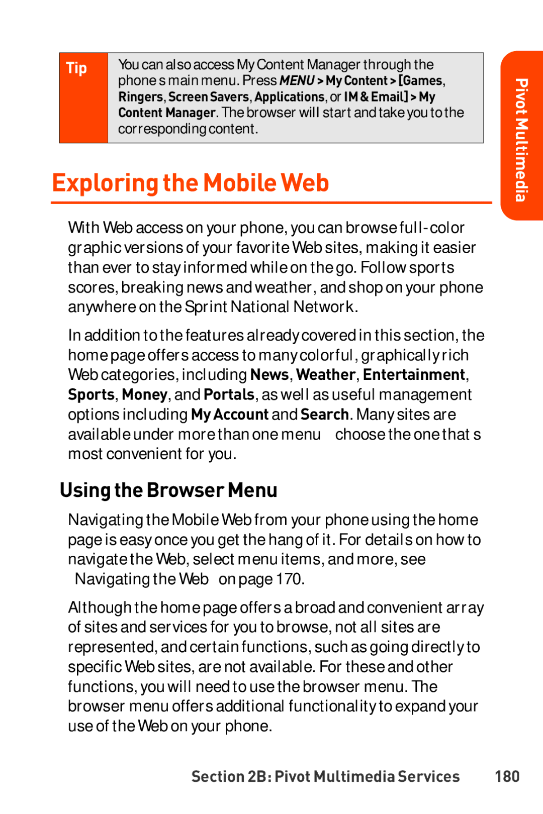 LG Electronics Phone manual Exploringthe Mobile Web, Using the BrowserMenu, 180 