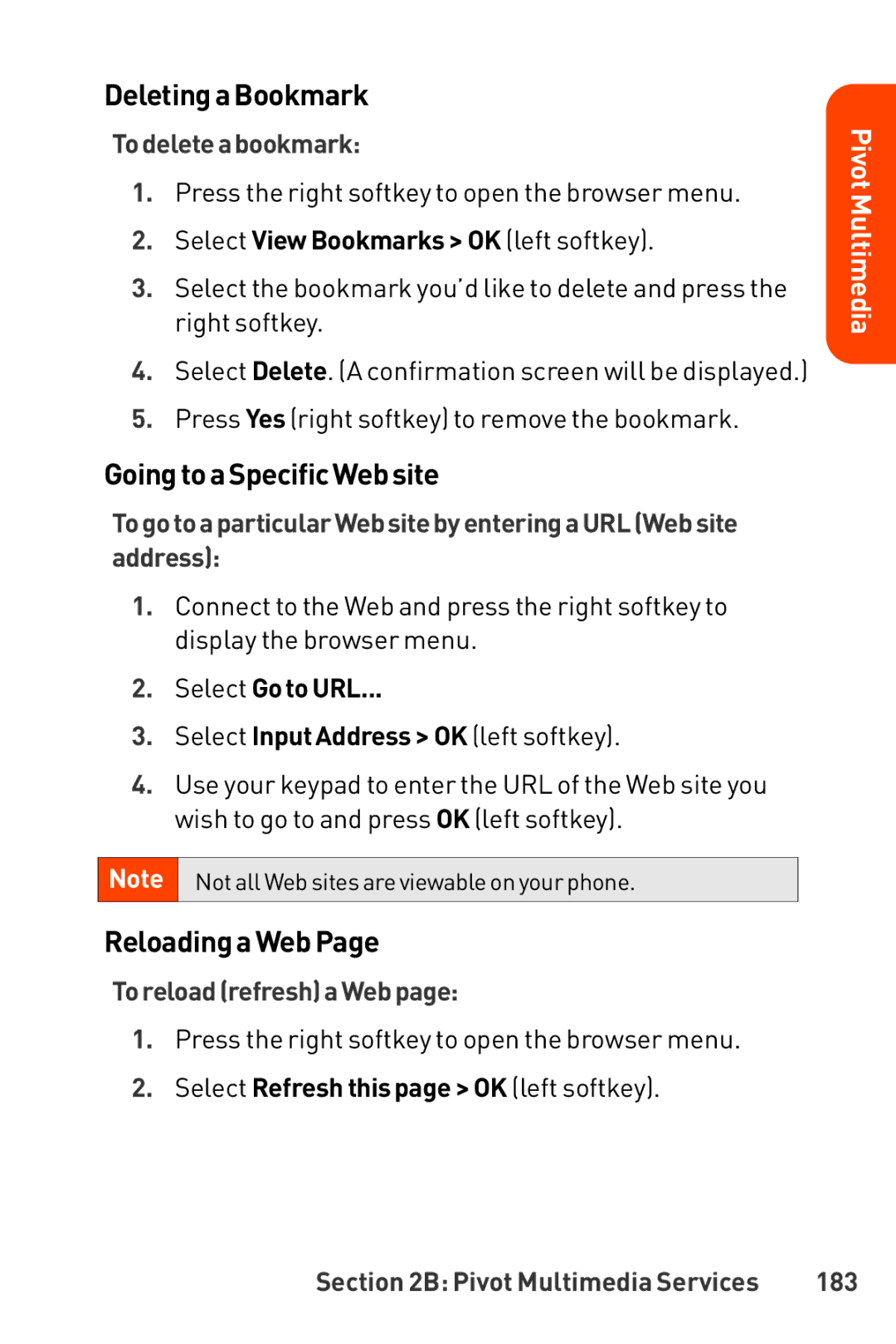 LG Electronics Phone manual DeletingaBookmark, GoingtoaSpecificWebsite, ReloadingaWebPage 