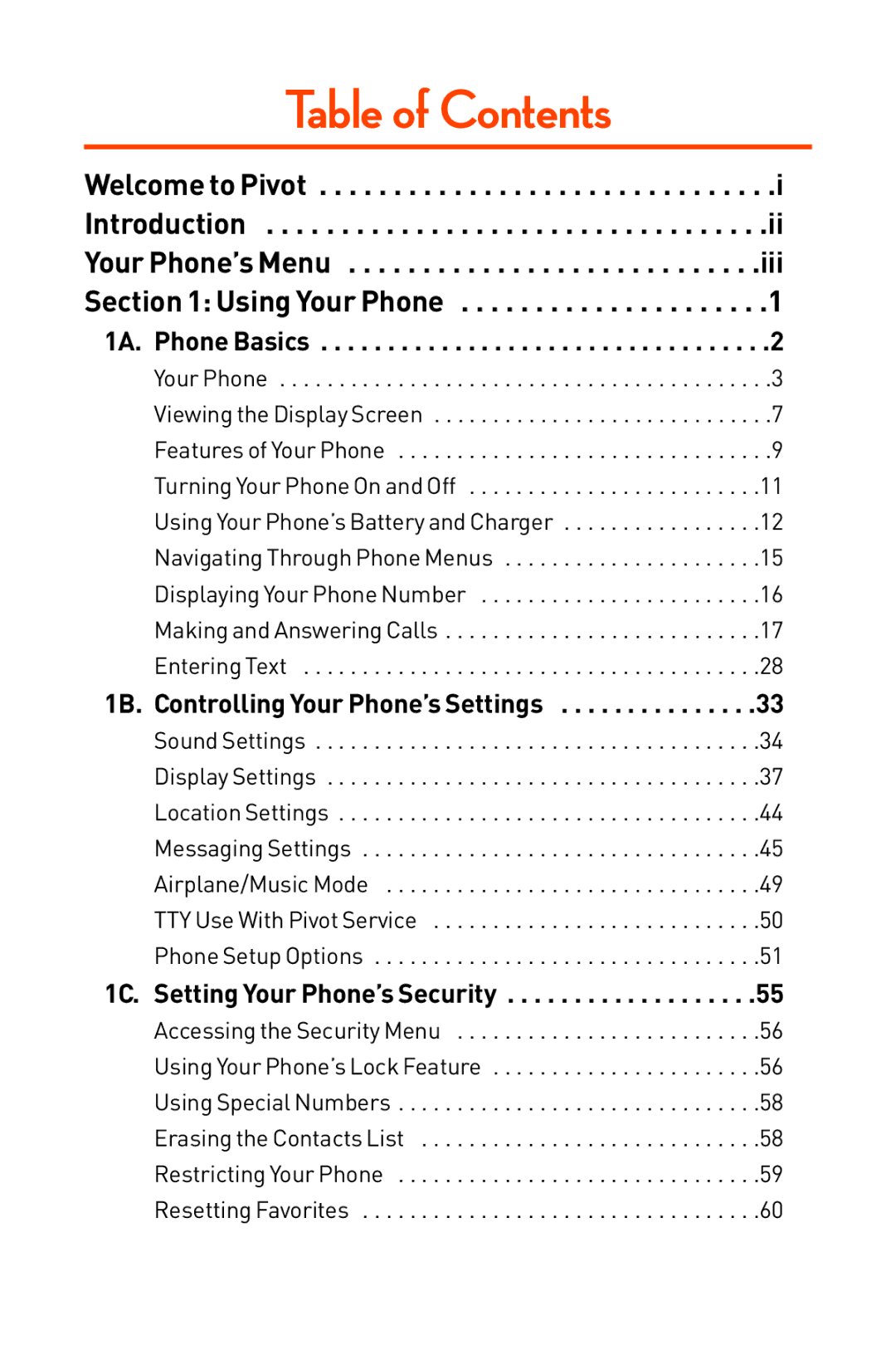 LG Electronics Phone manual Table of Contents 