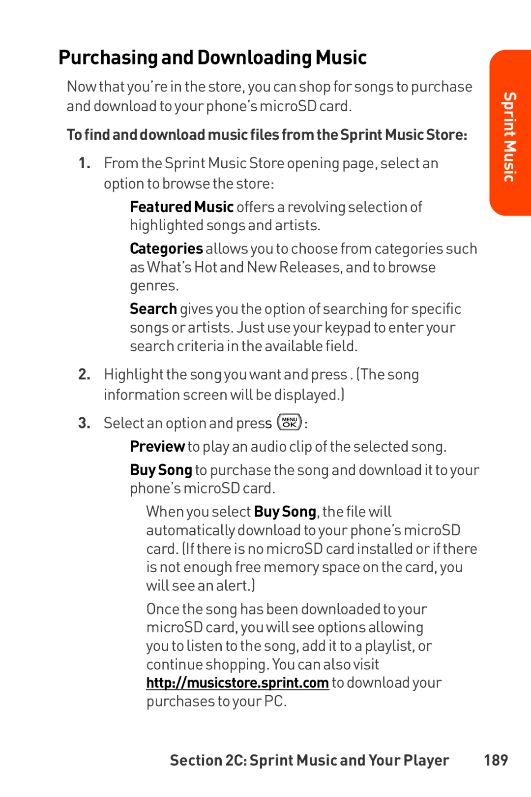 LG Electronics Phone manual Purchasing and DownloadingMusic, Tofindand downloadmusicfilesfromtheSprintMusicStore, 189 