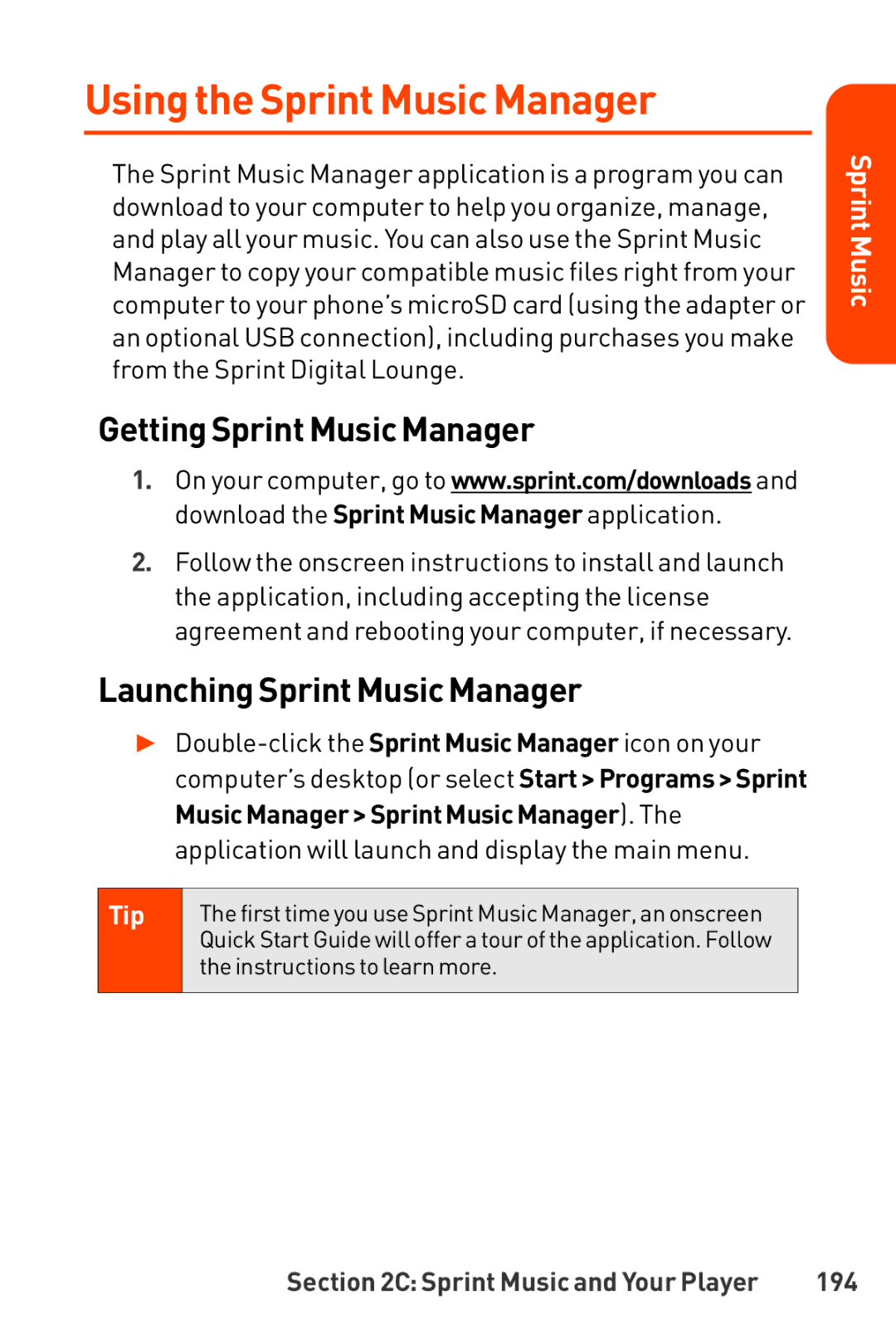 LG Electronics Phone Using the Sprint Music Manager, Getting Sprint Music Manager, LaunchingSprint Music Manager, 194 