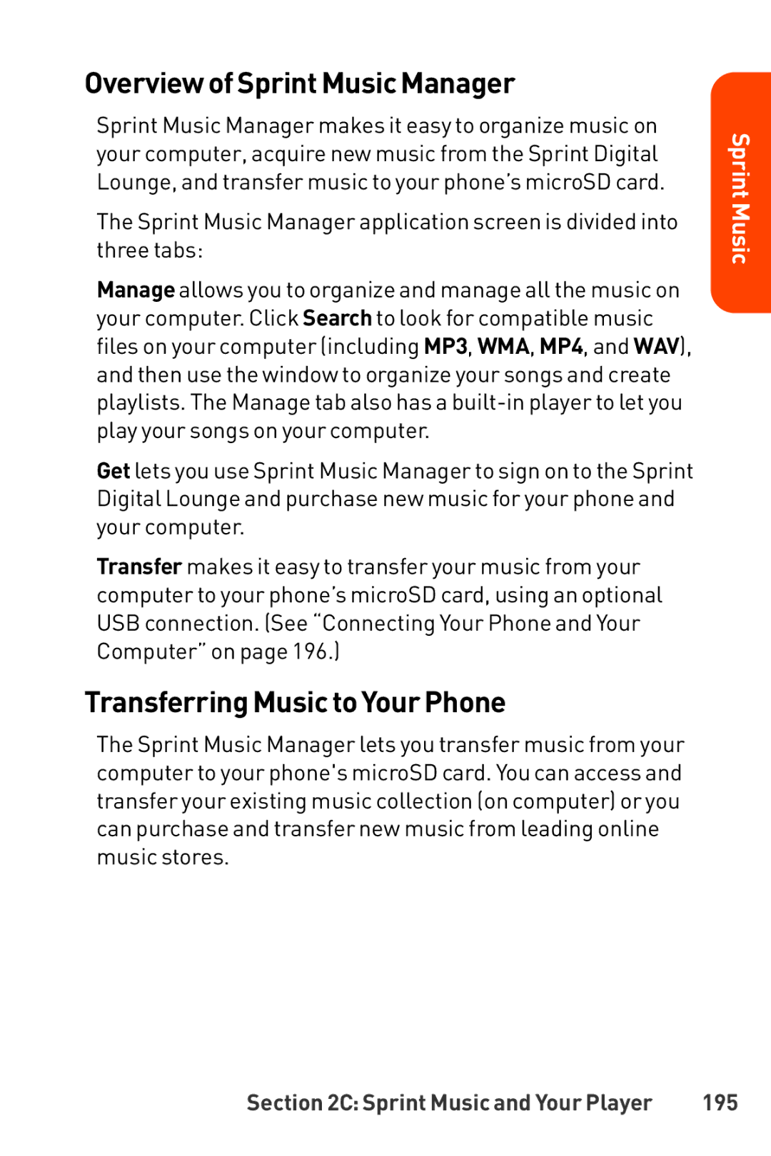 LG Electronics manual Overviewof Sprint Music Manager, Transferring Music to Your Phone, 195 