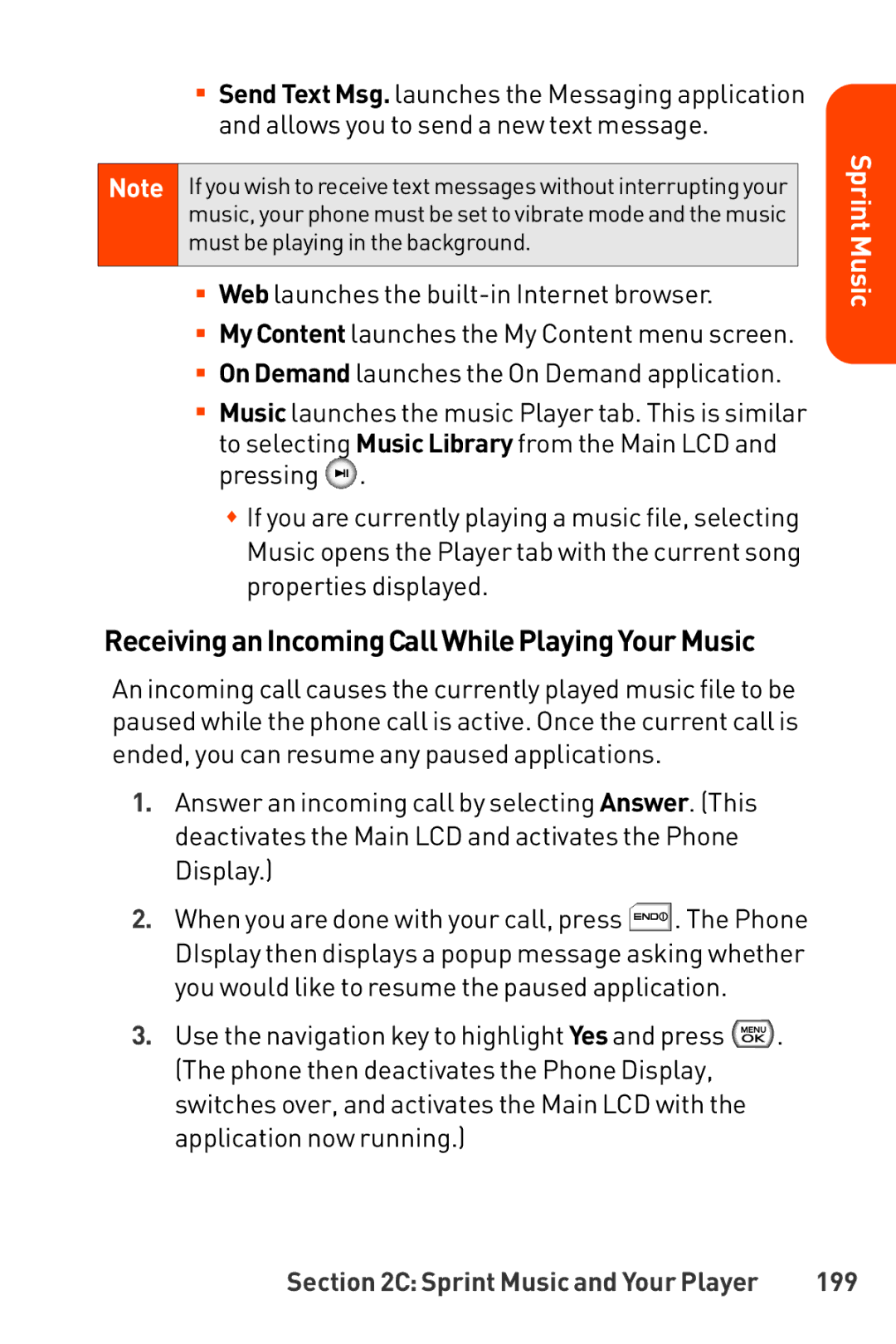 LG Electronics Phone manual ReceivinganIncomingCallWhilePlayingYourMusic, 199 