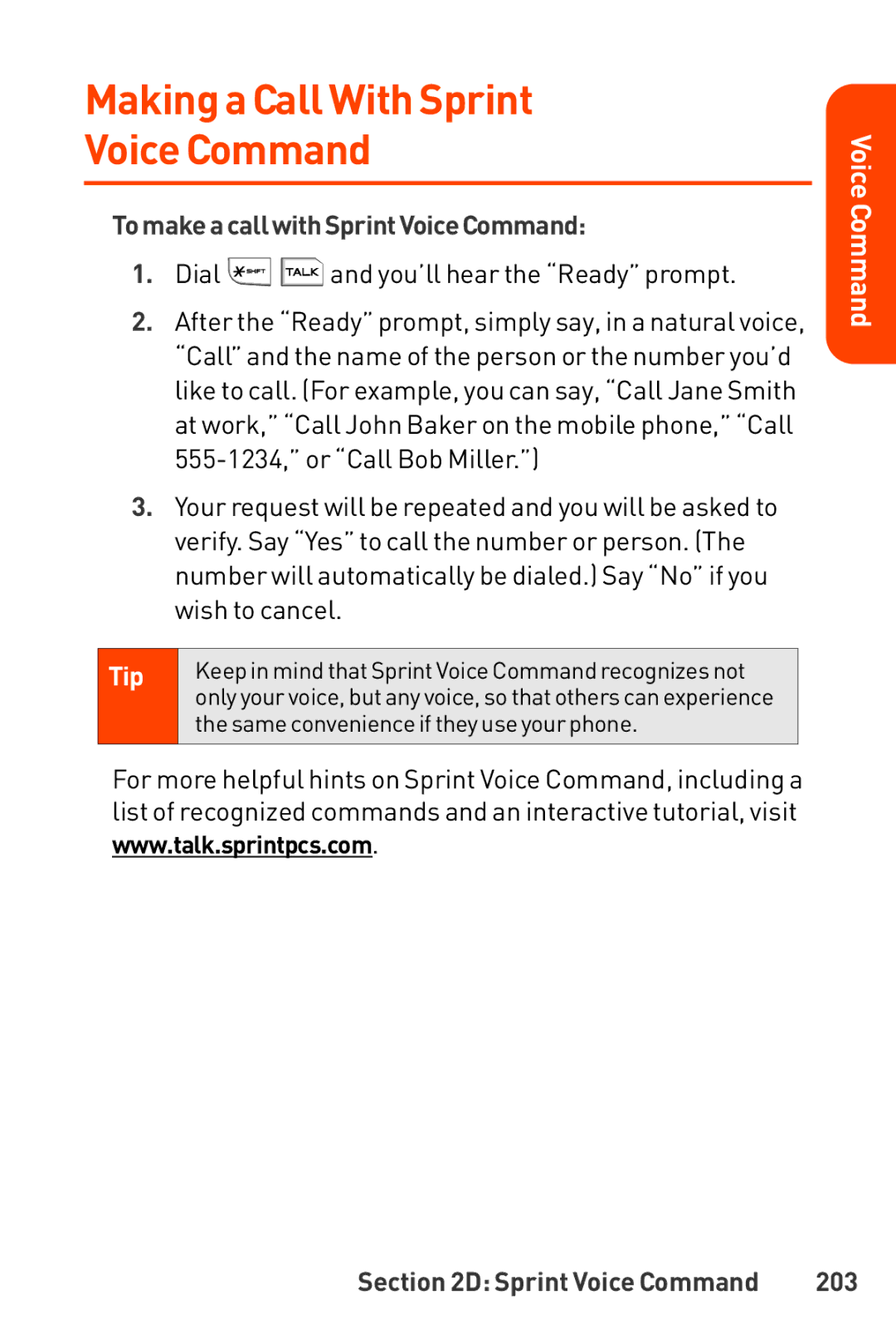 LG Electronics Phone manual Makinga Call With Sprint Voice Command, TomakeacallwithSprintVoiceCommand, 203 