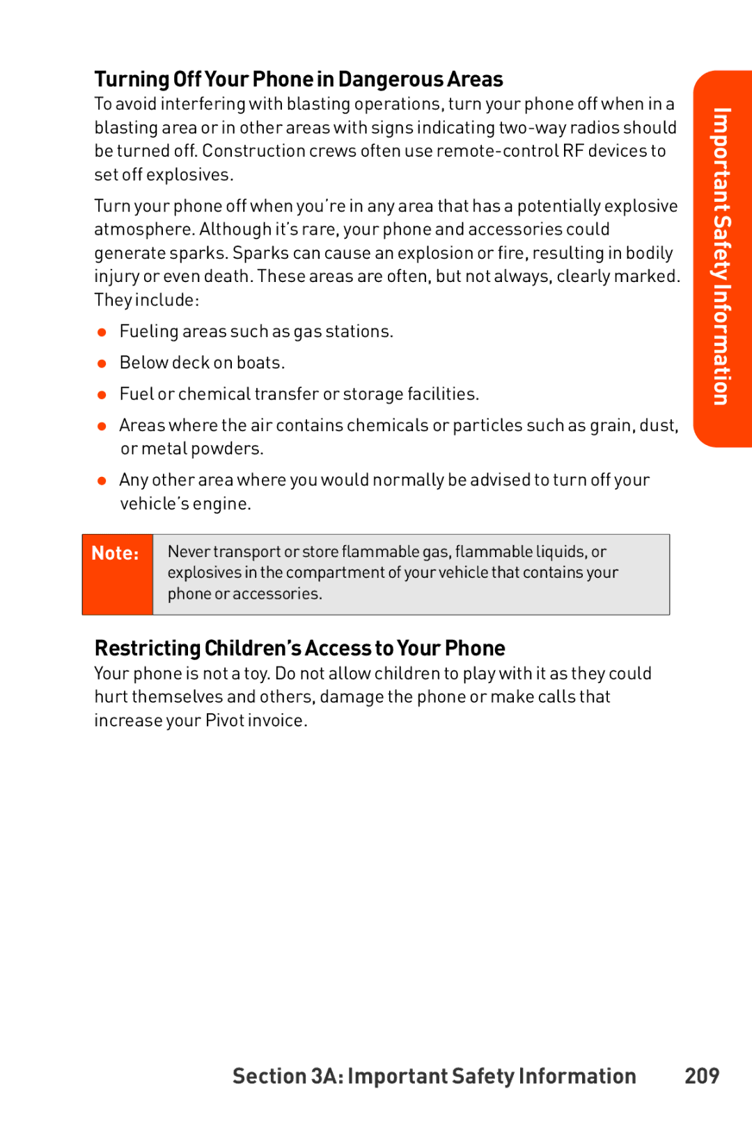 LG Electronics manual Turning Off Your Phone in Dangerous Areas, Restricting Children’s Access to Your Phone, 209 