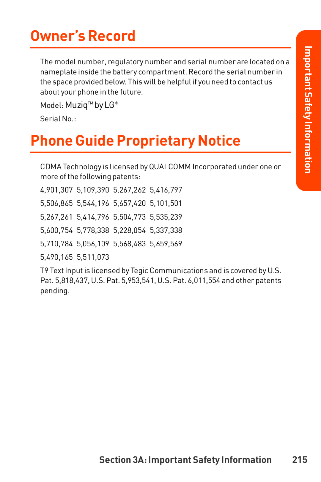 LG Electronics manual Owner’s Record, Phone Guide Proprietary Notice, 215 