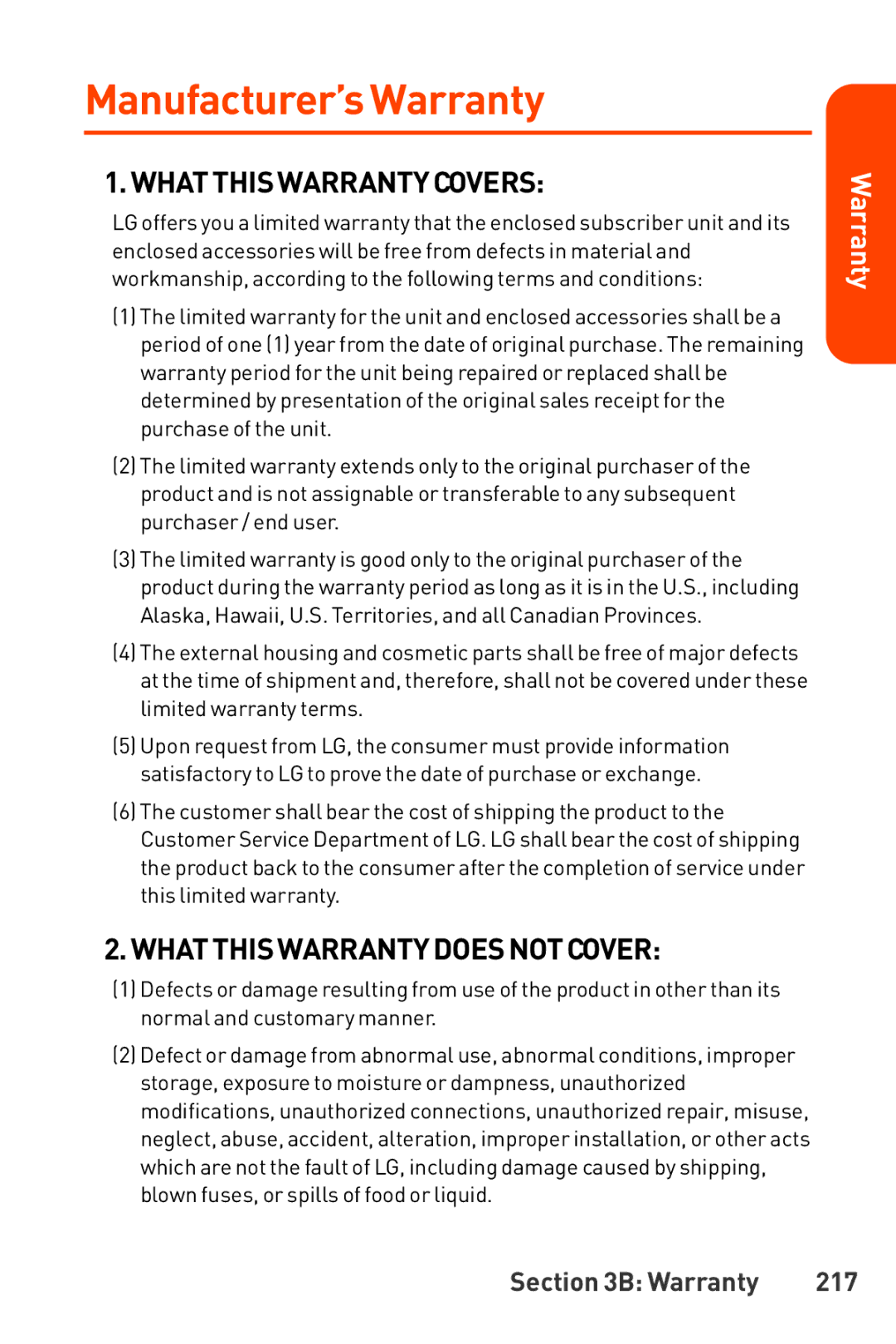 LG Electronics Phone manual Manufacturer’s Warranty, Warranty 217 