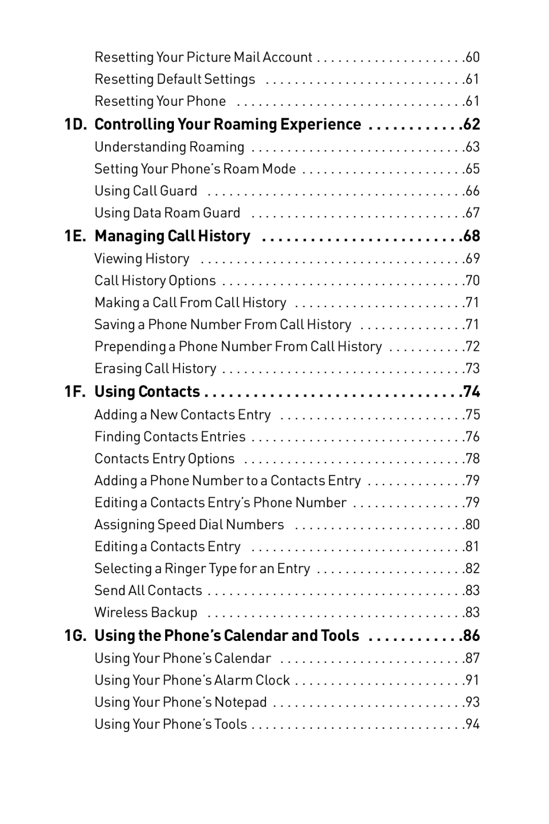 LG Electronics Phone manual 1F. Using Contacts, 1E. Managing Call History 