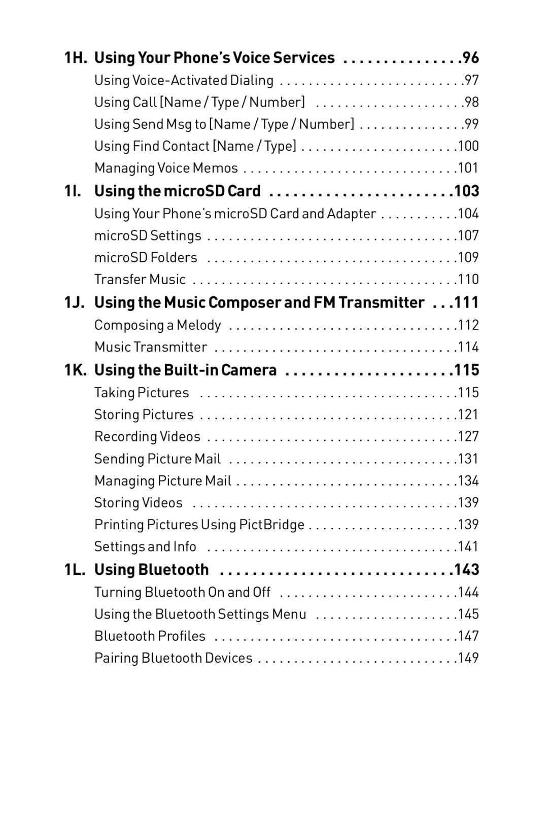 LG Electronics 1H. Using Your Phone’s Voice Services, 1I. Using the microSD Card, 1K. Using the Built-in Camera, 143 