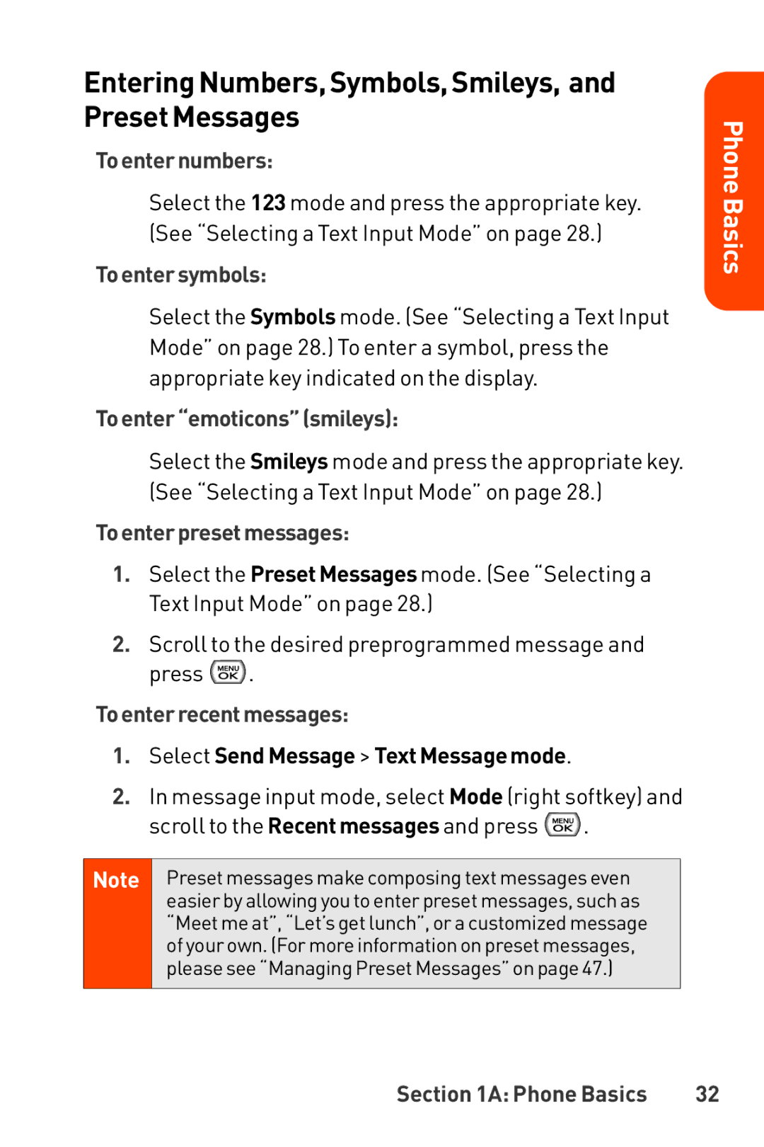 LG Electronics Phone manual Entering Numbers, Symbols, Smileys, and Preset Messages 