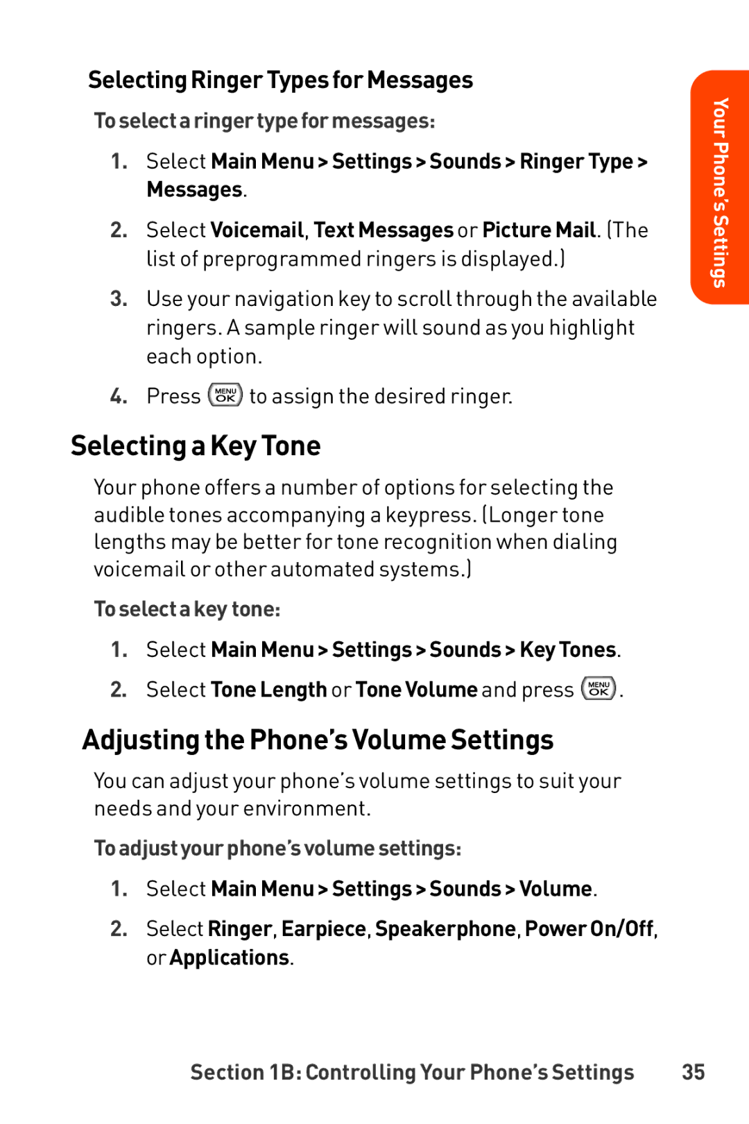 LG Electronics manual Selecting a Key Tone, Adjusting the Phone’s VolumeSettings, SelectingRingerTypesforMessages 