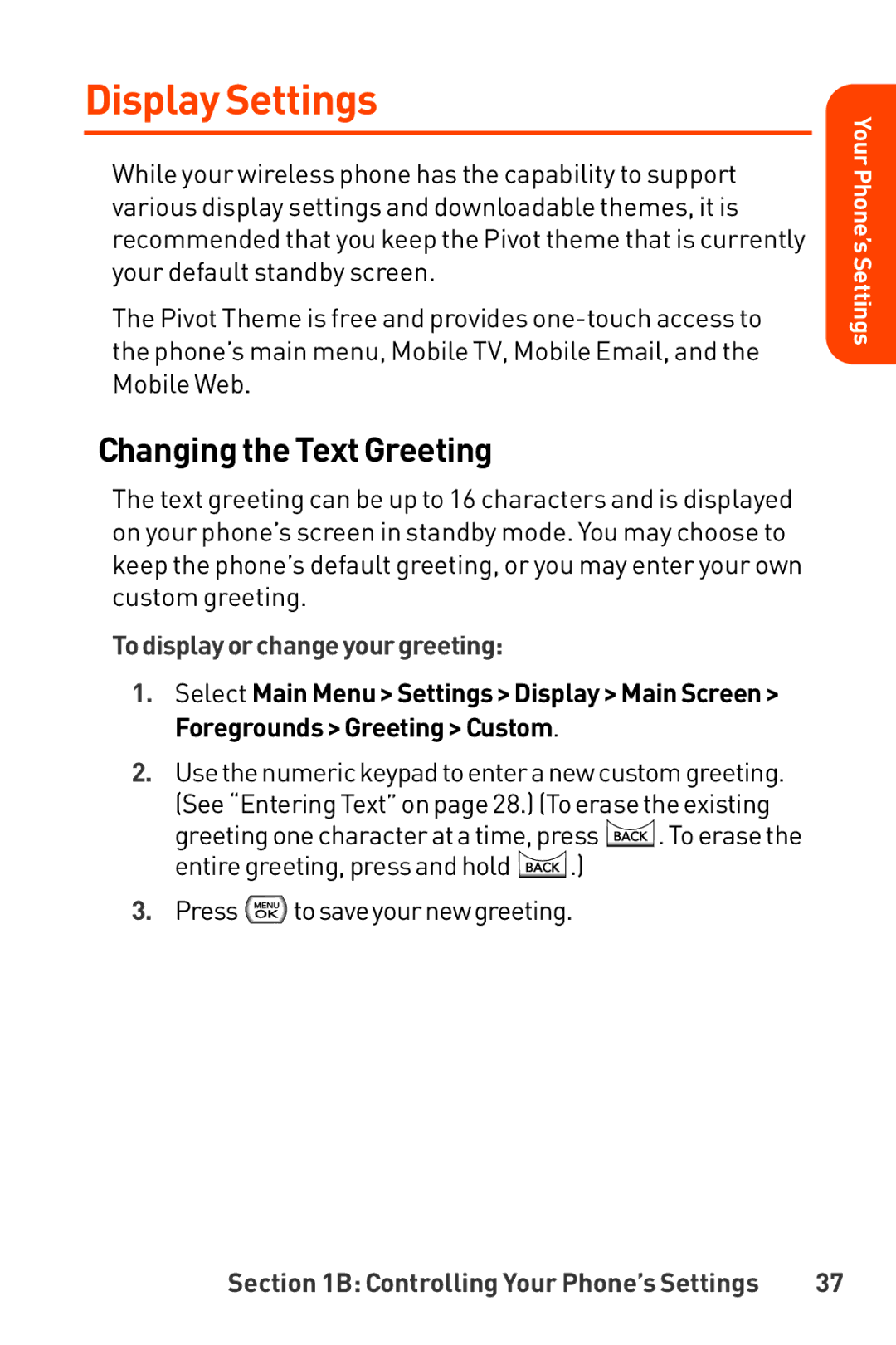 LG Electronics Phone manual Display Settings, Changing the Text Greeting, Todisplayorchangeyourgreeting 