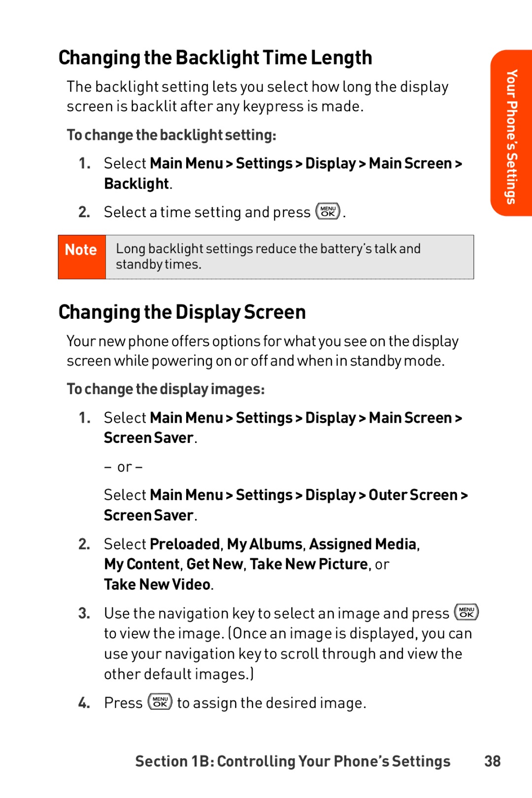 LG Electronics Phone manual Changing the BacklightTime Length, Changing the Display Screen, Tochangethebacklightsetting 