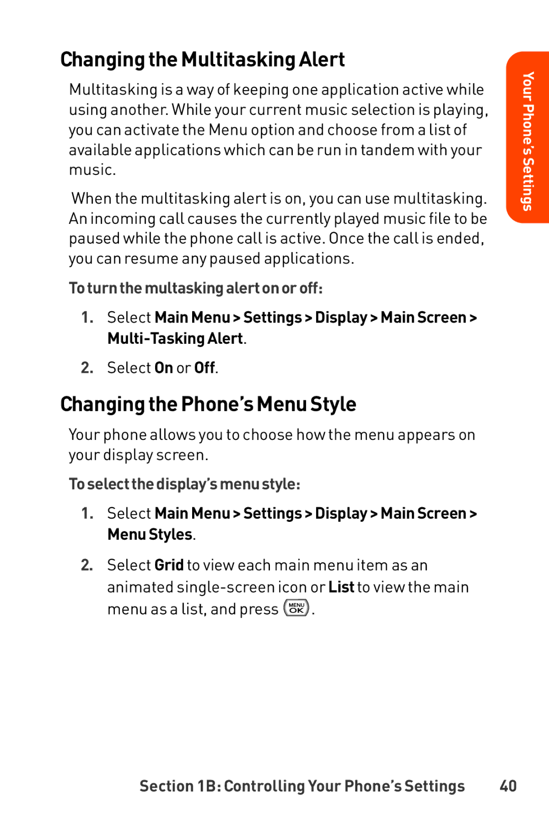 LG Electronics manual Changing the Multitasking Alert, Changing the Phone’s MenuStyle, Toturnthemultaskingalert on oroff 