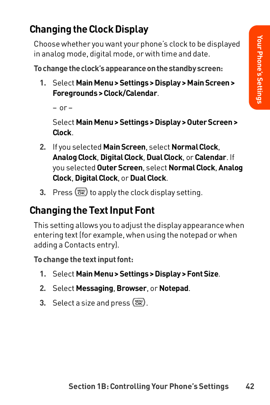 LG Electronics Phone manual Changing the ClockDisplay, Changing the TextInput Font, To change the text input font 