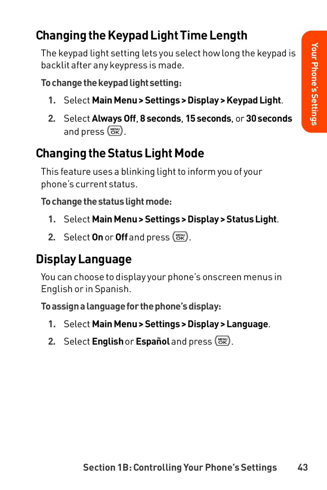 LG Electronics Phone manual Changing the Keypad LightTime Length, Changing the Status LightMode, Display Language 