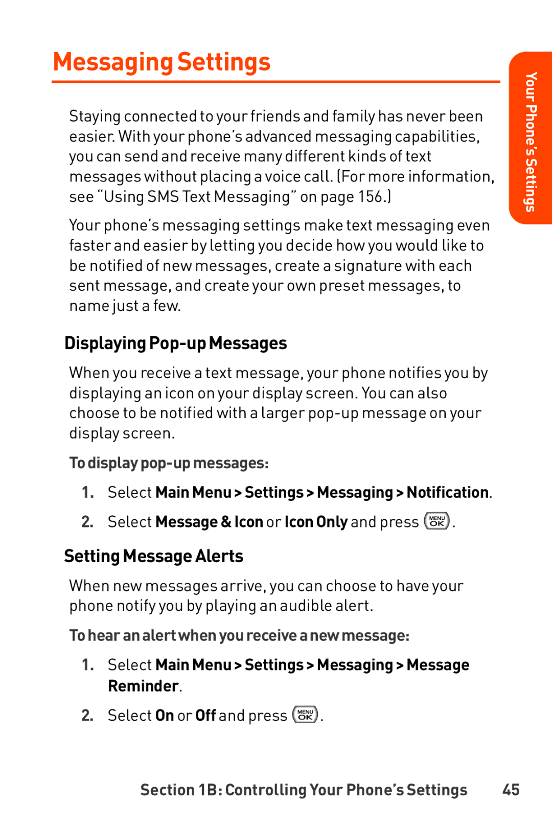 LG Electronics Phone manual Messaging Settings, DisplayingPop-upMessages, SettingMessageAlerts, Todisplaypop-upmessages 