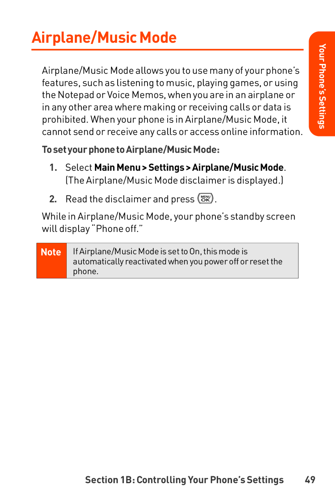 LG Electronics Phone manual Airplane/Music Mode, TosetyourphonetoAirplane/MusicMode 