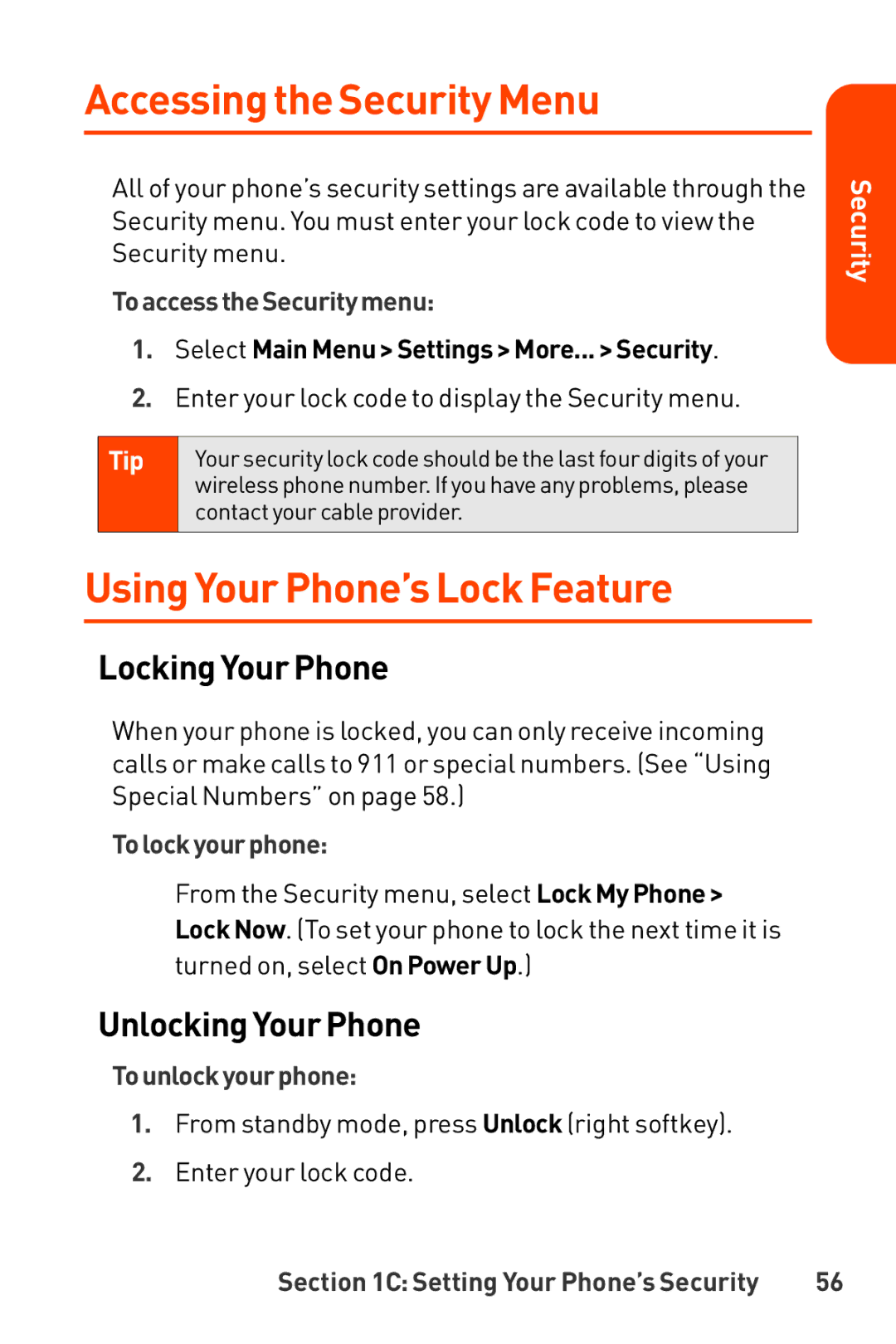 LG Electronics Accessing the Security Menu, Using Your Phone’s Lock Feature, Locking Your Phone, Unlocking Your Phone 