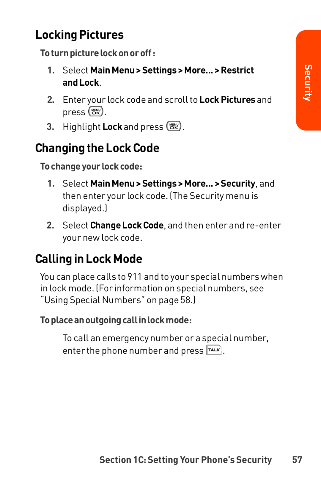 LG Electronics Phone manual Locking Pictures, Changing the Lock Code, Calling in Lock Mode 