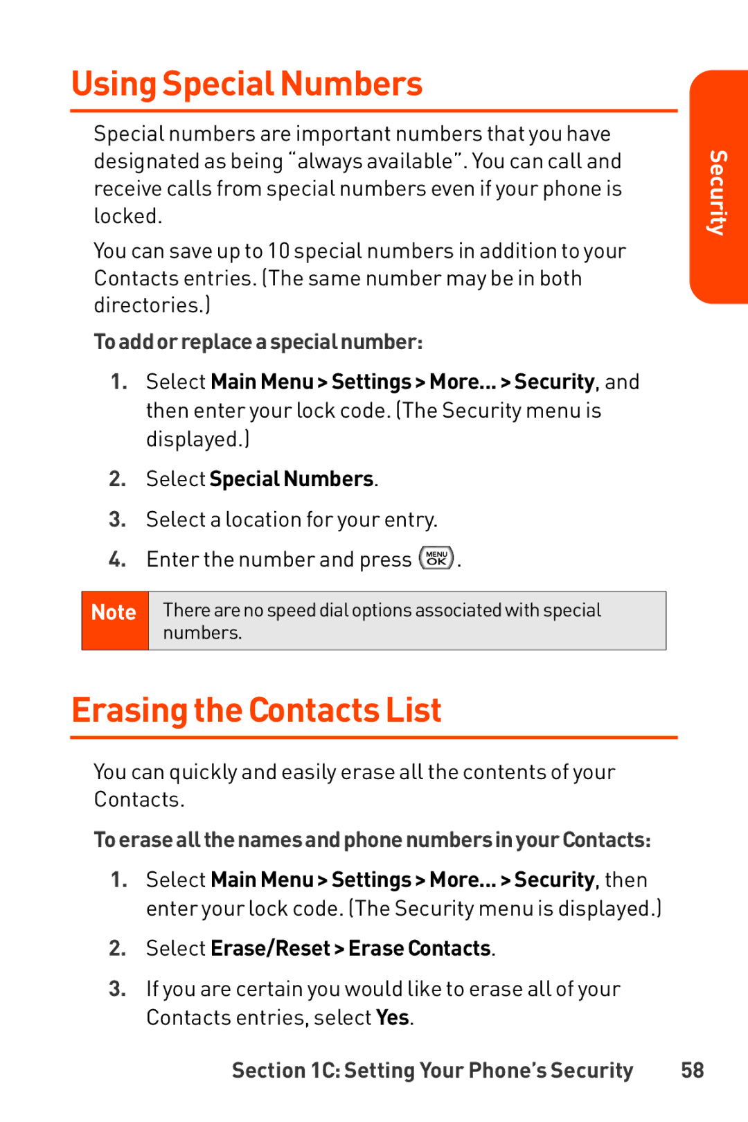 LG Electronics Phone manual Using Special Numbers, Erasing the Contacts List, Toaddorreplaceaspecial number 