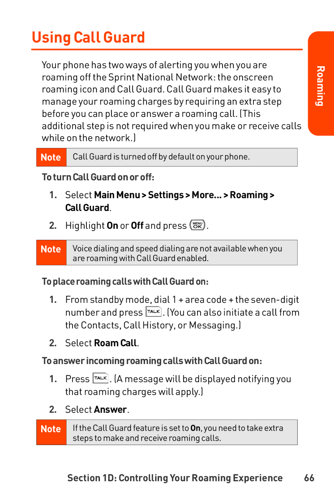 LG Electronics Phone manual Using Call Guard, ToturnCall Guardon oroff, ToplaceroamingcallswithCallGuardon 