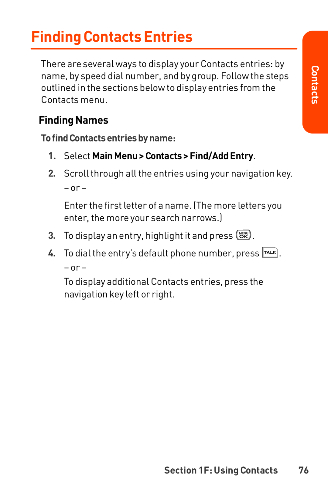 LG Electronics Phone manual Finding Contacts Entries, FindingNames, To find Contacts entriesbyname 