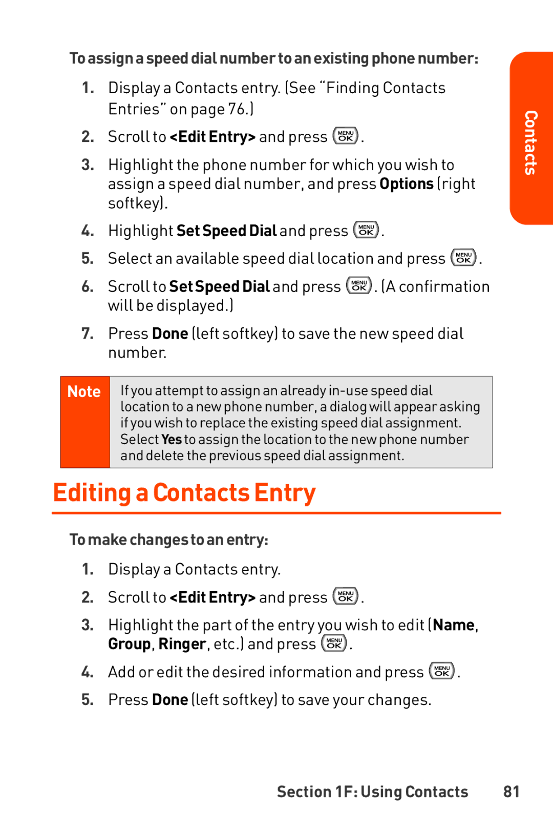 LG Electronics Phone Editing a Contacts Entry, Toassignaspeeddialnumbertoanexistingphonenumber, Tomakechangestoanentry 