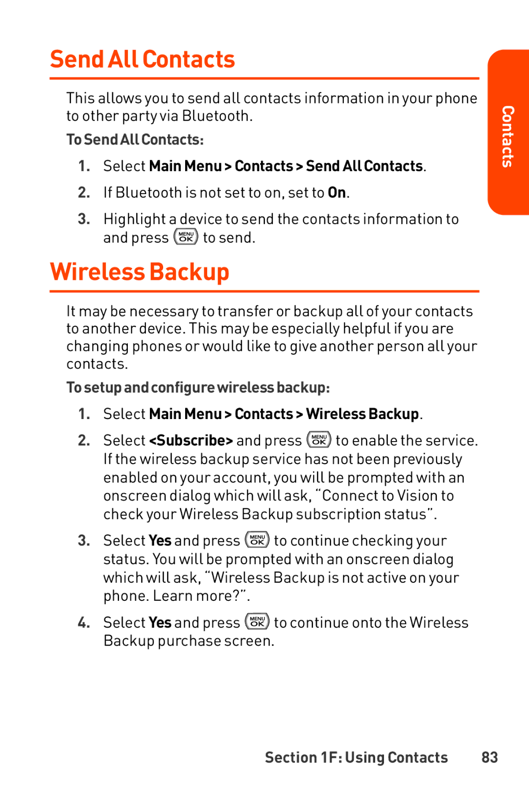 LG Electronics Phone manual Send All Contacts, Wireless Backup, ToSendAllContacts, Tosetupandconfigurewirelessbackup 