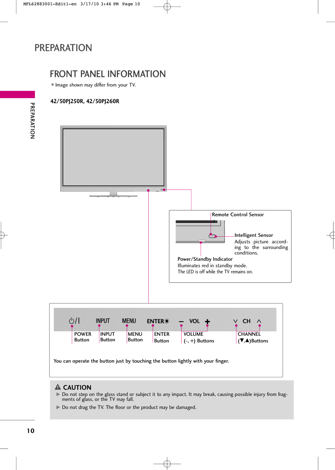 LG Electronics PJ250R manual Preparation, Front Panel Information, Image shown may differ from your TV, Channel 