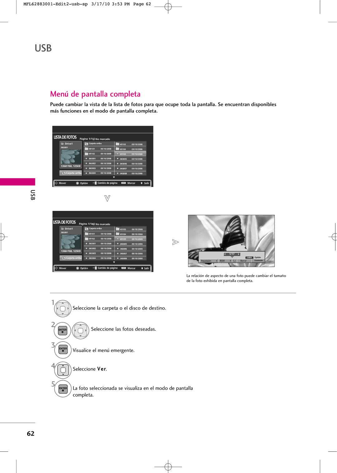 LG Electronics PJ250R manual Menú de pantalla completa 