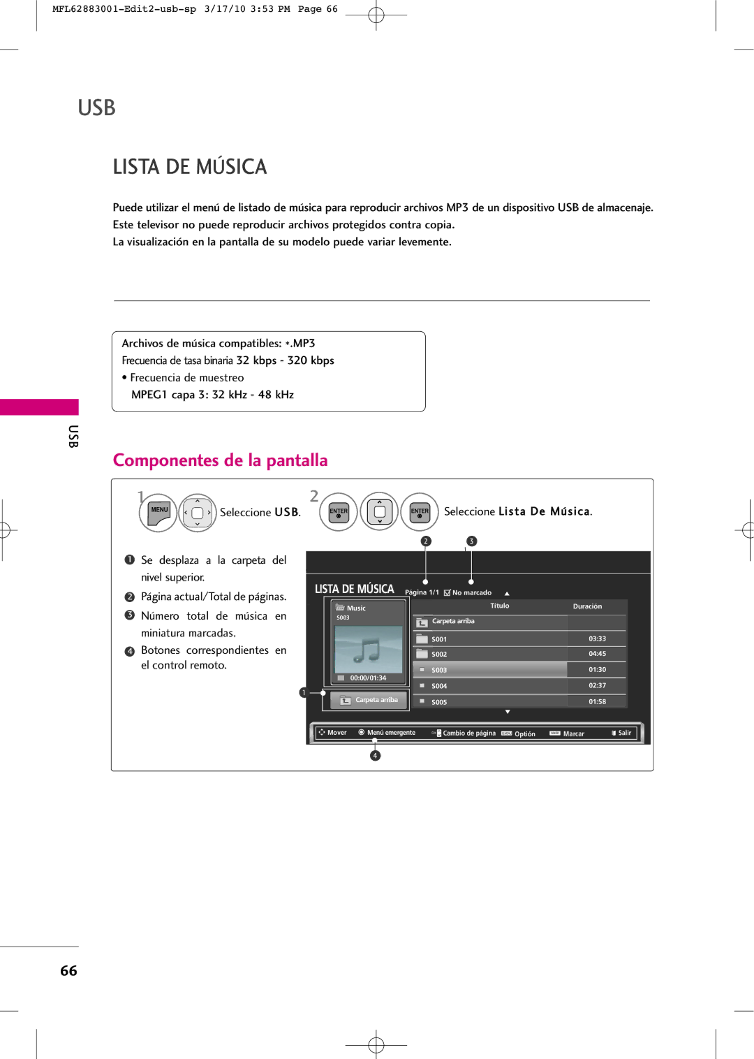 LG Electronics PJ250R manual Lista DE Música, Seleccione Lista De Música, Se desplaza a la carpeta del nivel superior 